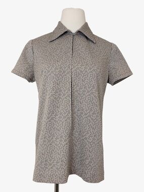 70s Dagger Collar Top Zipper Size Medium Tan Beige Short Sleeve